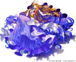  1girl braid breasts crown detached_sleeves fate/grand_order fate_(series) green_eyes hand_on_own_chest haydee_(fate) high_heels large_breasts long_hair multicolored_hair official_art orange_hair purple_eyes routo solo starry_background white_headdress 