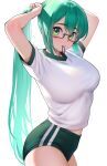  .live 1girl black-framed_eyewear breasts buruma commentary_request from_side glasses green_buruma green_eyes green_hair gym_shirt gym_uniform hair_between_eyes hair_tie hair_tie_in_mouth highres kagura_suzu_(.live) long_hair looking_at_viewer looking_to_the_side medium_breasts midriff_peek mouth_hold parted_lips pettan_p ponytail semi-rimless_eyewear shirt short_sleeves simple_background solo thick_eyebrows tying_hair under-rim_eyewear very_long_hair virtual_youtuber white_background white_shirt 