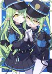  2girls belt black_belt black_footwear black_hat black_jacket black_shorts black_skirt black_tail blue_archive blush boots demon_tail fang gloves green_hair green_halo halo hat heart highlander_sidelocks_conductor_(blue_archive) highlander_twintails_conductor_(blue_archive) highres jacket long_hair long_sleeves looking_at_viewer mizumi_(artist) multiple_girls one_eye_closed open_mouth pantyhose peaked_cap pleated_skirt pointy_ears shorts signature skin_fang skirt tail white_gloves white_pantyhose yellow_eyes 