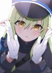  1girl black_hat blue_archive commentary_request gloves green_hair hair_between_eyes hat highlander_sidelocks_conductor_(blue_archive) highres long_hair looking_at_viewer nishi_yasuaki pointy_ears simple_background solo uniform upper_body white_background white_gloves yellow_eyes 