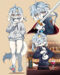  1boy ahoge alcohol androgynous bar_(place) bartender blue_hair blue_shirt bottle bright_pupils cape cellphone closed_eyes commission cup drawstring drinking_glass full_body furry furry_male glasses go_(1o22g) hand_in_pocket headband holding holding_phone holding_sword holding_weapon hood hoodie light_blue_hair long_sleeves looking_at_phone looking_down male_focus multicolored_hair no_pants orange_eyes original parted_lips pawpads phone ponytail red_cape round_eyewear shirt simple_background smartphone solo suspenders sword walking weapon whiskey white_hair white_pupils wine wine_glass yellow_headband 