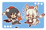  2girls :3 animal_ear_fluff animal_ears black_bow black_eyes black_hair black_skirt black_socks black_wings blue_background border bow chibi chibi_only detached_sleeves dog_ears dog_tail eyelashes floating full_body hair_between_eyes hand_fan hat holding holding_fan inubashiri_momiji kotorai leaf maple_leaf multiple_girls open_mouth red_skirt shameimaru_aya shirt short_hair skirt socks solid_oval_eyes tail tokin_hat touhou translation_request white_border white_shirt wide_sleeves wings 