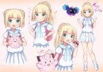  aqua_eyes blonde_hair braids clefairy cosmog hoodie konpotsu lillie_(pokemon_usm) long_hair pokemon ponytail short_hair skirt socks 