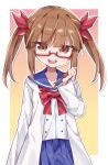  1girl :d absurdres blue_sailor_collar blue_skirt bow brown_eyes gradient_background hand_up highres holding holding_screwdriver idolmaster idolmaster_cinderella_girls ikebukuro_akiha lab_coat looking_at_viewer red-framed_eyewear red_bow sailor_collar school_uniform screwdriver semi-rimless_eyewear serafuku shiroma_renri shirt sidelocks skirt smile solo standing twintails white_shirt 