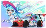  1girl absurdres ankle_bow blue_eyes blue_hair blush bow broom broom_riding car chibi covered_navel crypton_future_media detached_sleeves elbow_gloves enkei gloves goodsmile_racing gradient_hair hat hatsune_miku high_heels highres itasha leotard logo mercedes-benz mercedes-benz_amg_gt motor_vehicle multicolored_hair open_hand open_mouth pants peteron puffy_short_sleeves puffy_sleeves purple_hair race_vehicle racecar racing_miku racing_miku_(2024) short_sleeves simple_background smile solo spoiler_(automobile) sponsor super_gt twintails twitter_username vehicle_focus vocaloid white_background white_bow white_footwear white_hat white_leotard white_pants witch_hat yoga_pants yokohama_tire 