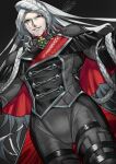  1boy alessandro_cagliostro_(fate) braid buttons cape double-breasted facial_hair facial_mark fate/grand_order fate_(series) goatee green_eyes grey_hair heterochromia long_hair male_focus red_cape red_eyes rkp signature smile 