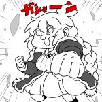  1girl :3 absurdres antenna_hair braid breaking breasts clenched_hands collared_shirt commentary_request daitouryou_(_saru_) dress greyscale highres jacket kizuna_akari large_breasts long_hair long_sleeves looking_at_viewer low_twin_braids monochrome open_clothes open_jacket open_mouth punching shards shirt simple_background solo spot_color translation_request twin_braids very_long_hair voiceroid 