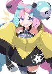  1girl :d absurdres baozi_9527 blush bow-shaped_hair character_hair_ornament collarbone commentary_request green_hair grey_shirt hair_ornament highres iono_(pokemon) jacket lightning_bolt_symbol looking_at_viewer multicolored_hair open_mouth pink_hair pokemon pokemon_sv shirt single_leg_pantyhose sleeveless sleeveless_shirt sleeves_past_fingers sleeves_past_wrists smile solo teeth thigh_strap two-tone_hair upper_teeth_only white_background yellow_jacket 