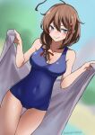  1girl absurdres ahoge ass_visible_through_thighs beach blue_eyes blue_sky blurry blurry_background blush braid brown_hair hair_flaps hair_ornament hair_over_shoulder highres kantai_collection long_hair outdoors sand school_swimsuit shigure_(kancolle) shigure_kai_ni_(kancolle) signature single_braid sky smile solo swimsuit towel twitter_username umibudou 