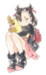  1girl barasui black_jacket boots dress earrings frown full_body hair_horns hair_ribbon highres holding jacket jewelry marnie_(pokemon) morpeko morpeko_(full) pink_dress pointy_footwear pokemon pokemon_(creature) pokemon_swsh ribbon short_dress solo undercut 