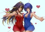  2girls :d arm_around_waist armpits babydoll bare_shoulders black_hair blonde_hair blue_babydoll blue_eyes blue_hair blush breasts candace_(genshin_impact) cleavage collarbone dark-skinned_female dark_skin dehya_(genshin_impact) genshin_impact hair_between_eyes hair_ears heart heterochromia highres ianzky lingerie long_hair looking_at_viewer medium_breasts multicolored_hair multiple_girls outstretched_arms red_babydoll short_hair_with_long_locks smile two-tone_hair underwear yellow_eyes 