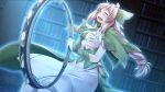  1girl atelier-moo braid breasts cleavage closed_eyes full_body hair_between_eyes hair_ribbon highres holding holding_instrument instrument large_breasts long_hair narrow_waist nina_lazydaisy open_mouth pink_hair ribbon sitting solo tambourine tearing_up twin_braids very_long_hair wavy_mouth wizards_symphony 