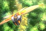  animal_focus commentary_request day flying from_above kotobukkii_(yt_lvlv) mothim no_humans orange_eyes outdoors pokemon pokemon_(creature) solo twitter_username watermark 