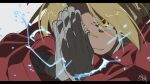  1boy blonde_hair closed_mouth coat edward_elric electricity fullmetal_alchemist hair_between_eyes letterboxed long_sleeves male_focus own_hands_together prosthesis prosthetic_arm red_coat sameyama_jiro signature simple_background solo yellow_eyes 