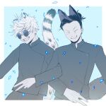  2boys :d animal_ears black_hair black_jacket black_pants black_tail blush closed_eyes couple dog_ears gakuran getou_suguru gojou_satoru hair_bun highres jacket jujutsu_kaisen locked_arms loose_hair_strand male_focus multiple_boys oold99 open_mouth pants round_eyewear school_uniform smile snow_leopard_boy snow_leopard_ears snow_leopard_tail sunglasses teeth v white_hair yaoi 