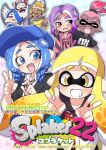  2girls 3boys 4girls baseball_cap big_man_(splatoon) blue_eyes blue_hair blush colored_tongue earrings eromame fang food food_on_head frye_(splatoon) gradient_skin hand_gesture hat highres inkling inkling_boy inkling_girl inkling_player_character jewelry manta_ray multiple_boys multiple_earrings multiple_girls object_on_head octoling octoling_boy octoling_girl octoling_player_character open_mouth poncho red_eyes sarashi shiver_(splatoon) splatoon_(series) splatoon_3 star-shaped_pupils star_(symbol) symbol-shaped_pupils tentacle_hair tongue tongue_out tooth_earrings yellow_eyes 