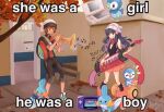  1boy 1girl backpack bag beanie black_hair black_shirt boots brendan_(pokemon) capri_pants caption commentary constarlations dawn_(pokemon) day english_text game_boy_advance hair_ornament hairclip handheld_game_console hat highres holding holding_instrument instrument keyboard_(instrument) knees long_hair meme mudkip music musical_note nintendo_ds outdoors pants photo-referenced piplup playing_instrument pokemon pokemon_(creature) pokemon_dppt pokemon_oras red_scarf scarf she_was_a_x_girl_he_was_a_x_boy_(meme) shirt shoes short_sleeves sidelocks skirt sleeveless sleeveless_shirt socks stairs standing trumpet 