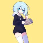  1girl blue_eyes blue_hair cigarette cross_(vgne4542) highres hood jelly_hoshiumi newspaper phase_connect short_hair simple_background solo 