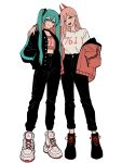  2girls absurdres black_pants blue_eyes blue_hair demon_girl demon_horns group_picture hatsune_miku highres horns looking_at_viewer multiple_girls numbered pants pink_hair ponytail power_(chainsaw_man) sharp_teeth shirt shoes sneakers sweater t-shirt teeth zeon_(zzeeonn) 