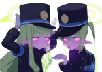 2girls absurdres black_hat black_jacket blue_archive blush closed_mouth commentary gloves green_hair green_halo halo hat highlander_sidelocks_conductor_(blue_archive) highlander_twintails_conductor_(blue_archive) highres jacket ksagi long_hair long_sleeves looking_at_viewer multiple_girls peaked_cap pink_eyes pointy_ears sidelocks simple_background symbol-only_commentary tongue tongue_out twintails upper_body white_background white_gloves 