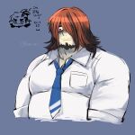  1boy bara blue_necktie boogeyman_(housamo) facial_hair goatee hair_down hiramushi_(yusan_137) multicolored_hair muscular muscular_male necktie red_eyes solo stubble tokyo_afterschool_summoners two-tone_hair 