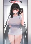  1girl :o absurdres arm_behind_back black_hair blue_archive blush breasts cellphone collarbone fingernails full-length_mirror halo highres holding holding_phone large_breasts long_hair looking_at_viewer meme mijikayo nail_polish no_bra no_pants pajamas_challenge_(meme) phone red_eyes reflection rio_(blue_archive) selfie shirt solo straight_hair very_long_hair white_shirt 
