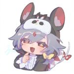  1girl :d animal_costume animal_ear_fluff animal_ears animal_hood blush bow commentary_request cropped_torso drooling eyes_visible_through_hair fake_animal_ears fu_hua fu_hua_(herrscher_of_sentience) grey_hair hair_bow hair_over_one_eye honkai_(series) honkai_impact_3rd hood hood_up hyourou_m jingwei_(bird) long_sleeves mask mask_on_head mouse_costume mouse_ears mouse_hood mouse_tail multicolored_hair puffy_long_sleeves puffy_sleeves red_bow red_eyes signature simple_background smile solo streaked_hair tail tail_bow tail_ornament upper_body white_background yellow_bow 