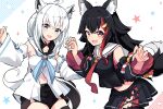  2girls ahoge akagi_(sk0127aho) animal_ears black_hair black_shirt black_shorts black_skirt black_sleeves black_thighhighs blue_eyes fox_ears fox_girl fox_tail hair_ornament hairpin highres hololive hood hoodie looking_at_viewer multicolored_hair multiple_girls ookami_mio ookami_mio_(1st_costume) open_mouth red_hair shirakami_fubuki shirakami_fubuki_(1st_costume) shirt shorts skirt sleeveless sleeveless_shirt smile streaked_hair tail thighhighs virtual_youtuber white_hair white_hoodie white_sleeves wolf_ears wolf_girl wolf_tail yellow_eyes 