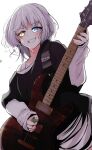  1girl absurdres bang_dream! bang_dream!_it&#039;s_mygo!!!!! black_shirt blue_eyes commentary_request electric_guitar grin guitar heterochromia highres holding holding_plectrum instrument kaname_raana layered_sleeves long_sleeves medium_hair pachio_(patioglass) playing_guitar plectrum shirt short_over_long_sleeves short_sleeves simple_background smile solo sweat upper_body white_background white_hair white_shirt yellow_eyes 