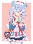  1girl ^_^ animal_ears apron aqua_bow blue_dress blue_hair blush bow bowtie closed_eyes crossed_bangs cup dress dress_bow fake_wings food frilled_apron frills genshin_impact gloves gold_trim hat head_tilt heart highres holding holding_cup ice_cream ice_cream_float long_sleeves low_twintails low_wings medium_hair nami_harakamiaka nurse_cap open_mouth outside_border pink_background pink_bow puffy_long_sleeves puffy_sleeves rabbit_ears red_bow red_bowtie short_twintails sigewinne_(genshin_impact) sleeve_cuffs smile sparks teeth thighhighs twintails two-tone_background upper_teeth_only white_apron white_background white_gloves white_thighhighs wings 