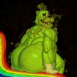 1:1 absurd_res animatronic anthro bear big_butt bubble_butt butt clothing clover_(plant) five_nights_at_freddy&#039;s four_leaf_clover freddy_(fnaf) gloves gold_(metal) gold_tooth green_body green_clothing green_hat green_headwear handwear hat headgear headwear hi_res holidays huge_butt jewelry koenics looking_at_viewer looking_back looking_back_at_viewer machine male mammal mostly_nude musclegut muscular necklace plant presenting presenting_hindquarters rainbow rear_view robot scottgames shamrock shamrock_freddy_(fnaf) sitting solo st._patrick&#039;s_day text top_hat