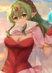  1girl breasts cape cleavage dress edamameoka fire_emblem fire_emblem_awakening forehead_jewel green_skirt highres large_breasts looking_at_viewer pink_cape pointy_ears ponytail red_dress skirt smile solo strapless strapless_dress tiki_(adult)_(fire_emblem) tiki_(fire_emblem) upper_body 