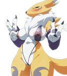 absurd_res anthro areola bandai_namco big_areola big_breasts big_nipples bikini black_sclera blue_eyes blush breasts clothed clothing digimon digimon_(species) double_v_sign female fur gesture hand_gesture hi_res inker_comics navel nipples renamon simple_background solo swimwear translucent translucent_clothing v_sign white_body white_fur yellow_body yellow_fur