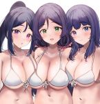  3girls absurdres asaka_karin bikini breasts cleavage front-tie_bikini_top front-tie_top highres in-franchise_crossover large_breasts looking_at_viewer love_live! love_live!_nijigasaki_high_school_idol_club love_live!_school_idol_project love_live!_sunshine!! matching_outfits matsuura_kanan multiple_girls sunya_(honorin-yuunibo) swimsuit tojo_nozomi upper_body white_bikini 