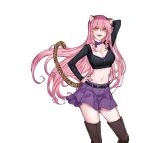  1girl aaaaddddd akuma_no_riddle animal_ears arm_up belt black_shirt boots breasts brown_footwear cleavage commentary_request crop_top drill_hair hand_on_own_hip highres inukai_isuke kemonomimi_mode large_breasts leopard_ears leopard_tail long_hair midriff orange_eyes pink_hair purple_nails purple_skirt shirt simple_background skirt solo tail thigh_boots tongue tongue_out white_background 