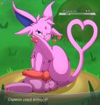 absurd_res animal_genitalia animal_penis balls big_penis bodily_fluids canine_genitalia canine_penis cloudeon eeveelution english_text erection espeon feral forked_tail fur gameplay_mechanics gender_symbol generation_2_pokemon genital_fluids genitals grass gui health_bar hi_res knot looking_at_viewer male male_symbol nintendo one_eye_closed pawpads penis pink_body pink_fur plant pokemon pokemon_(species) precum smile smiling_at_viewer solo symbol tail text unusual_anatomy unusual_tail