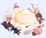  5boys ahoge artist_name bat_wings belial_(granblue_fantasy) black_wings blue_background blue_eyes brown_hair brown_wings cake cake_slice cheesecake cherry chibi closed_eyes coffee_beans eating fauxpapillon feathered_wings food fruit granblue_fantasy hair_between_eyes highres lucifer_(shingeki_no_bahamut) lucilius_(granblue_fantasy) lucio_(granblue_fantasy) lying male_focus messy_hair multiple_boys multiple_wings on_stomach patterned_background plate red_eyes red_ribbon ribbed_sweater ribbon sandalphon_(granblue_fantasy) shirt sitting sleeveless sleeveless_shirt spoon sweater swiss_roll thinking turtleneck turtleneck_sweater whipped_cream white_hair white_wings wings 