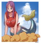  1girl aosora2823 blue_eyes breasts chestnut_mouth cloud cloudy_sky dragon_ball dragon_ball_(classic) flying_nimbus highres large_breasts mermaid mermaid_(dragon_ball) monster_girl parted_lips purple_hair red_shirt shirt sky solo tied_shirt 