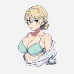  1girl bare_shoulders blonde_hair blue_bra blue_eyes blush bra braid braided_bun breasts cropped_torso darjeeling_(girls_und_panzer) expressionless girls_und_panzer hair_bun highres large_breasts looking_at_viewer off_shoulder onsen_tamago_(hs_egg) open_clothes open_shirt shirt solo underwear upper_body 