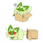 1:1 ambiguous_gender animated box cardboard cardboard_box container generation_9_pokemon green_body heart_symbol nintendo pokemon pokemon_(species) question_mark red_eyes short_playtime speech_bubble sprigatito tail tail_motion tailwag tontaro