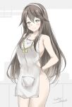  1girl alternate_costume apron arms_behind_back artist_logo black_hair brown_eyes cowboy_shot gakky hairband haruna_(kancolle) highres kantai_collection looking_at_viewer naked_apron one-hour_drawing_challenge smile solo white_apron white_hairband 