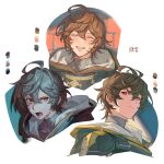 1boy ahoge angry blush brown_hair closed_eyes color_guide commentary commentary_request expressions facing_viewer from_below granblue_fantasy hair_between_eyes highres hood hood_down light_frown lighting_practice looking_at_viewer looking_to_the_side male_focus messy_hair multiple_views sandalphon_(granblue_fantasy) short_hair smile solo_focus tki turtleneck 