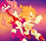  1boy 1girl absurdres blaze_the_cat burning burning_blaze forehead_jewel furry furry_female furry_male gloves highres jacket open_mouth pants pink_footwear pink_fur ponytail red_eyes red_footwear red_jacket siggiedraws smile sonic_(series) sonic_rush sonic_the_hedgehog super_sonic white_gloves white_pants yellow_eyes yellow_fur 