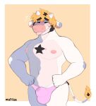 anthro blush bovid bovine bulge cattle chromawolf clothing facial_hair hair hands_on_hips hi_res horn male mammal markings muscular nervous_expression nervous_sweat nipples pecs solo stained_underwear tail thong tongue tongue_out underwear