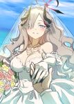  1girl bare_shoulders black_halo blue_archive blue_eyes bouquet breasts bridal_veil demon_horns dress earrings flower gloves grey_hair halo holding_hands horns jewelry makoto_(blue_archive) multicolored_halo multiple_horns pov pov_hands quatraise red_halo upper_body veil wedding wedding_dress white_gloves 