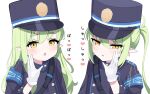  2girls aoraine black_hat black_jacket blue_archive blush earrings gloves green_hair hair_between_eyes hat heart highlander_sidelocks_conductor_(blue_archive) highlander_twintails_conductor_(blue_archive) highres jacket jewelry long_hair multiple_girls open_mouth peaked_cap pointy_ears sidelocks simple_background twintails upper_body white_background white_gloves yellow_eyes 