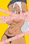  1girl abs animal_ears arms_up black_panties black_shirt boku_no_hero_academia breasts caution_tape censored dark-skinned_female dark_skin guchapin highres large_breasts long_eyelashes long_hair looking_at_viewer mirko navel open_mouth panties parted_bangs rabbit_ears rabbit_girl rabbit_tail red_eyes shirt smile solo stomach tail tape_censor toned underwear undressing very_long_hair white_hair yellow_background 