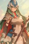  1girl armor black_gloves breastplate closed_mouth edamameoka fingerless_gloves fire_emblem fire_emblem:_path_of_radiance floating_hair gloves green_eyes green_hair helmet highres holding holding_polearm holding_weapon long_hair looking_at_viewer nephenee_(fire_emblem) pleated_skirt polearm shield shoulder_armor skirt smile solo sunlight very_long_hair weapon white_skirt 