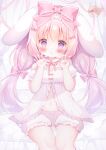  1girl :o animal_ears artist_name bow child cowboy_shot hair_bow hanasaki_chiyu hanasakichu highres indie_virtual_youtuber navel open_mouth pink_bow pink_eyes pink_hair rabbit_ears rabbit_girl sitting thighs variant_set virtual_youtuber 