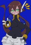  1girl absurdres aile_(mega_man_zx) black_bodysuit blue_background blue_jacket blush bodysuit bodysuit_under_clothes breasts brown_hair buzzlyears covered_collarbone covered_navel cropped_jacket finger_gun green_eyes hand_on_own_hip highres jacket large_breasts long_hair mega_man_(series) mega_man_zx mega_man_zx_advent open_clothes open_jacket pointing pointing_at_viewer ponytail robot_ears short_sleeves shorts simple_background smile solo teeth upper_body white_shorts 